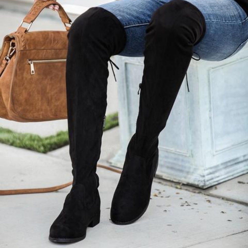 Vegan Suede Over the Knee Black Boots - Picture 5 of 5
